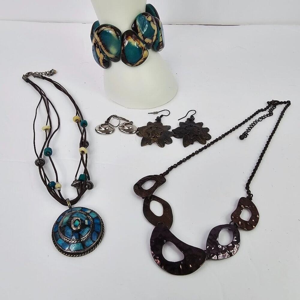 Boho Brown &Blue Mix Metals Fashion Jewelry Lot 5 Items